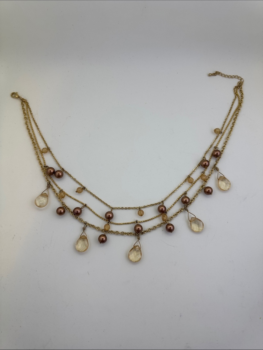 💛 Gold Plated Multi-Strand Necklace with Champagne Drops & Brown Pearls | Glam
